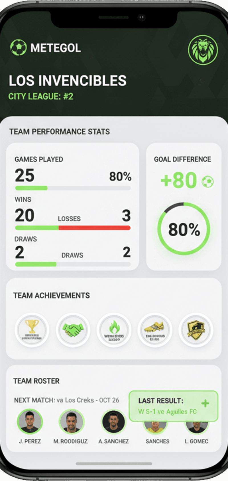 Metegol app showing team performance stats, achievements, and player profiles