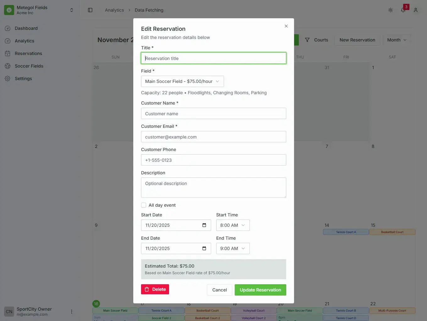 Metegol sports center management dashboard showing calendar, reservations, and analytics
